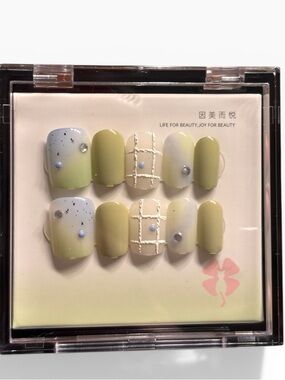 Sage Green, Blue & Ivory Grid Rhinestone Press-On Nails